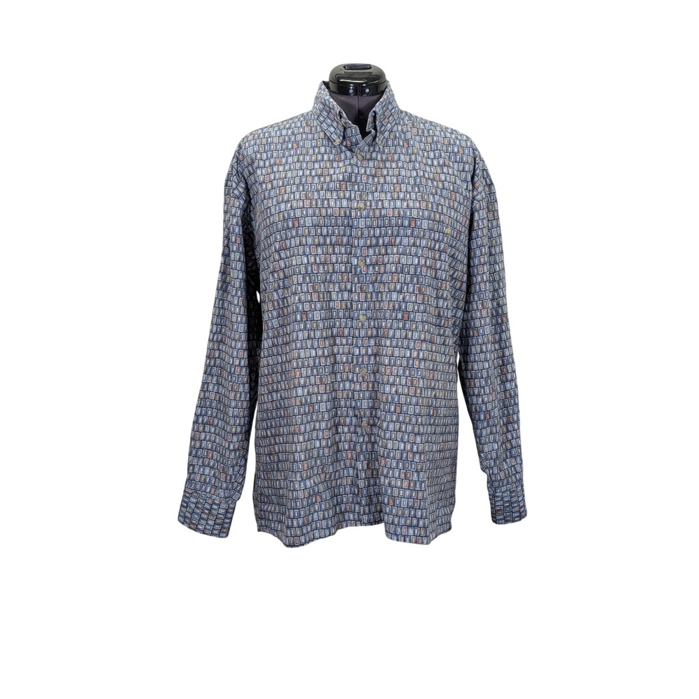 Pierre Cardin Shirt Mens Large Blue Geometric Pattern Button Up Cotton